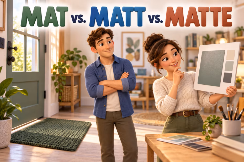 3D animated “Mat vs. Matt vs. Matte” spelling guide with a floor mat and non-shiny paint samples.