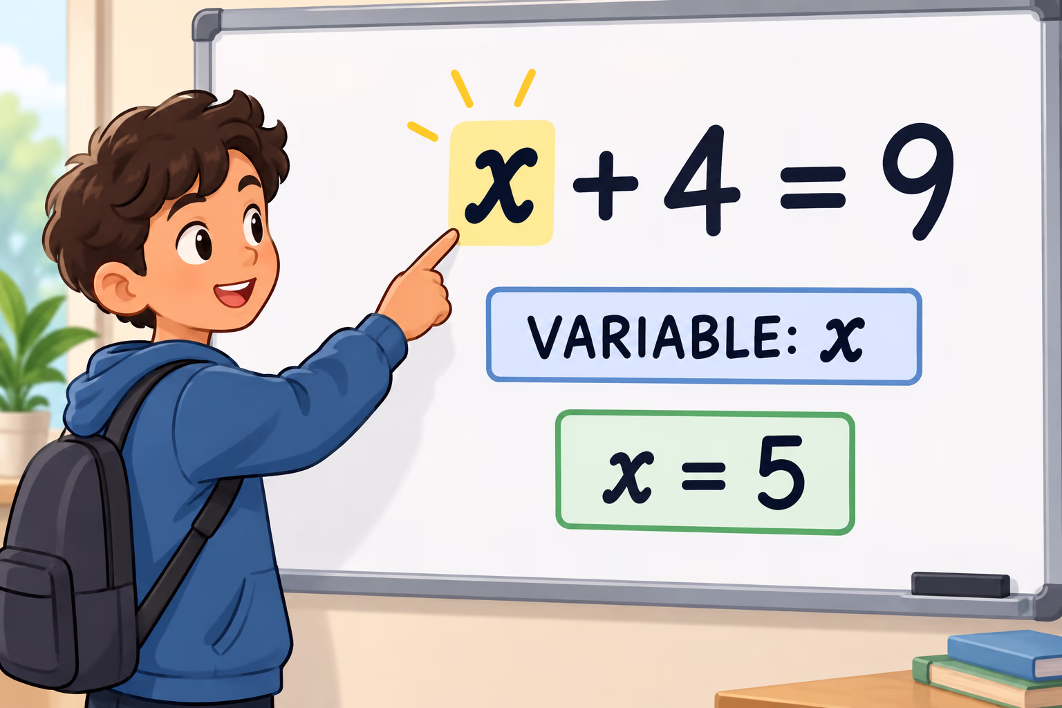 A student identifies x in x plus four equals nine and solves x equals five.
