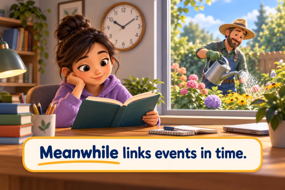 A student reads as a gardener works during the same period. Meanwhile links events in time.