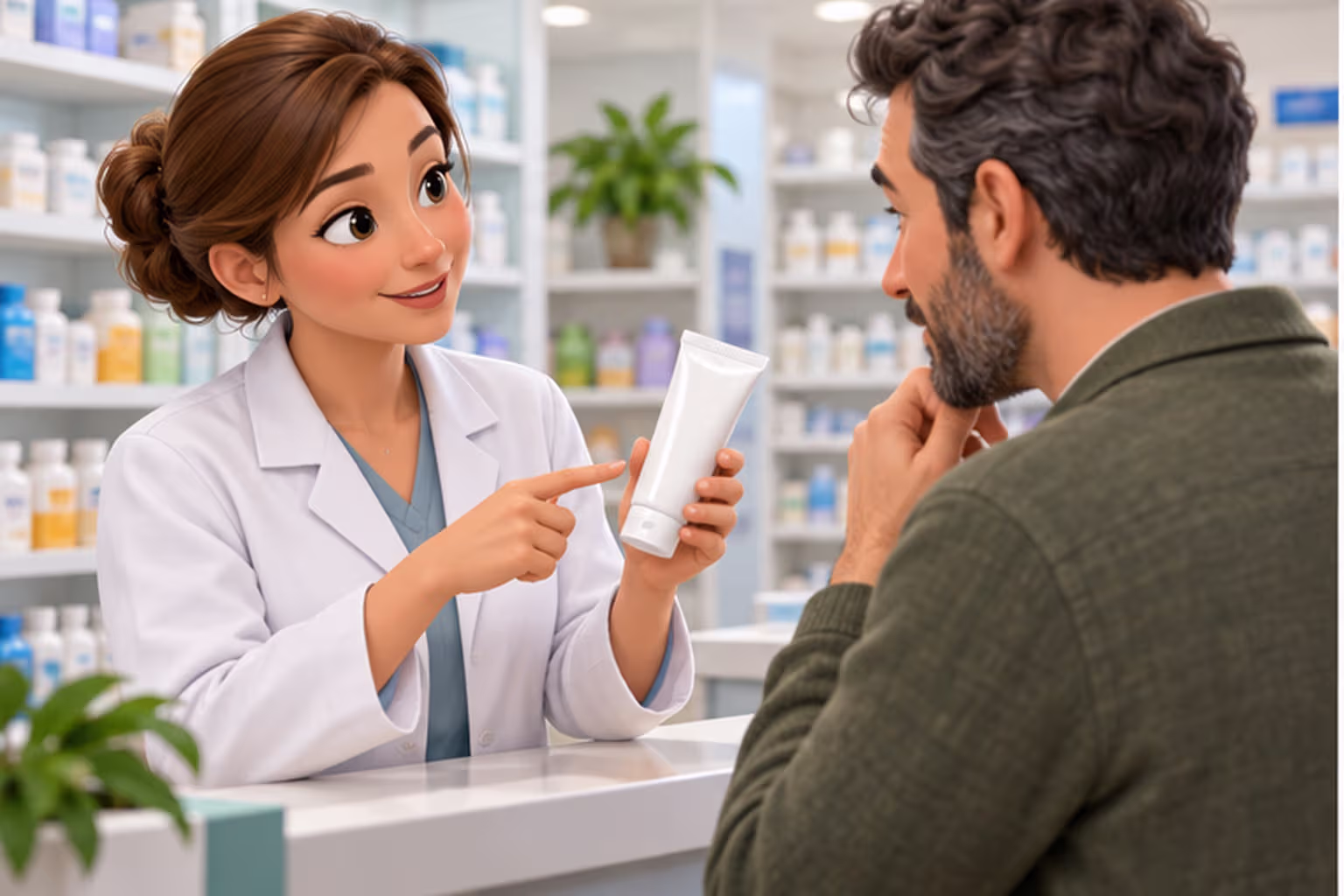 A pharmacist explains a plain tube of skin cream to an adult customer.