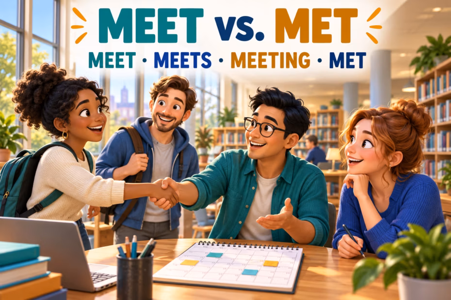 Original animated coworkers greeting each other beneath the words Meet vs. Met and the forms meet, meets, meeting, and met