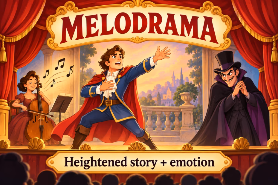 A classic theater scene illustrates melodrama as a heightened story with emotion.