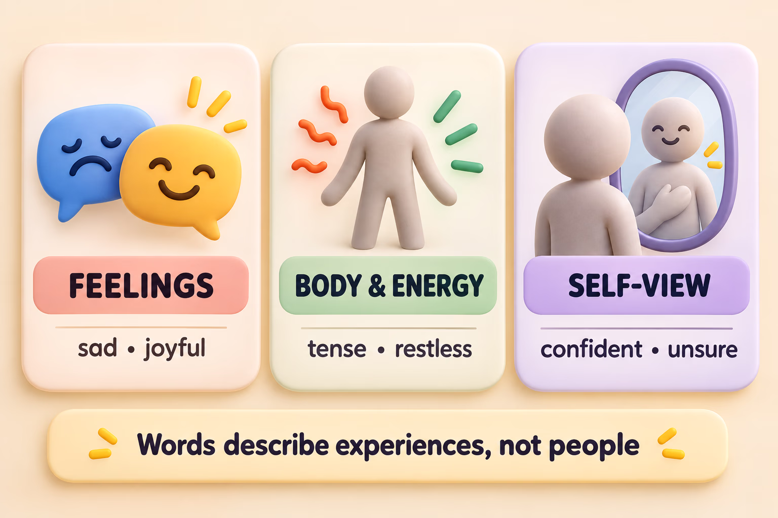 Three cards group words for feelings (sad, joyful), body and energy (tense, restless), and self-view (confident, unsure).