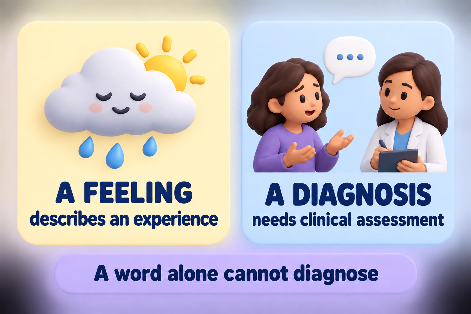 Two-card infographic says a feeling describes an experience, a diagnosis needs clinical assessment, and one word alone cannot diagnose.