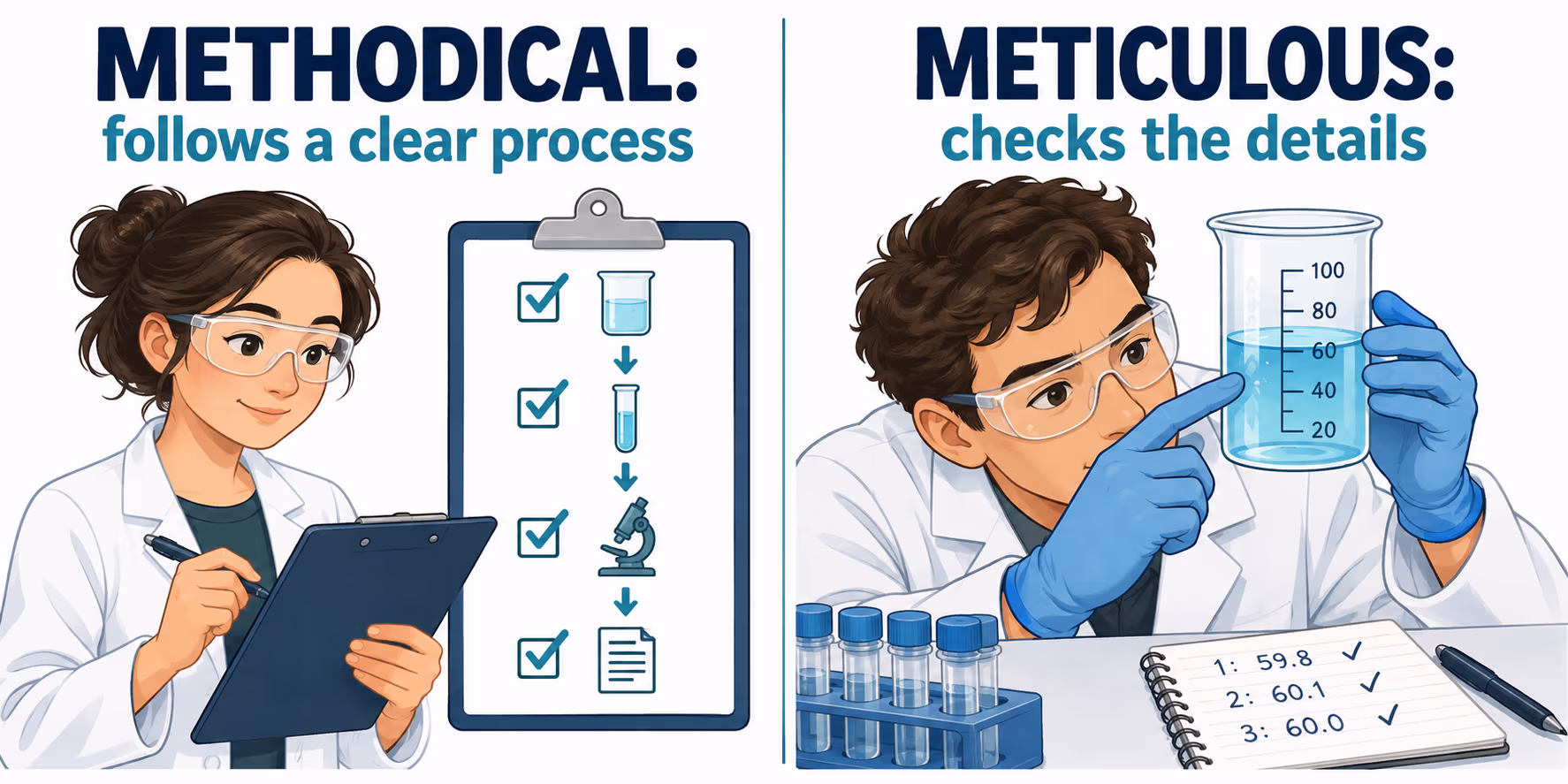Comparison showing a methodical scientist following an ordered process and a meticulous scientist checking measurements
