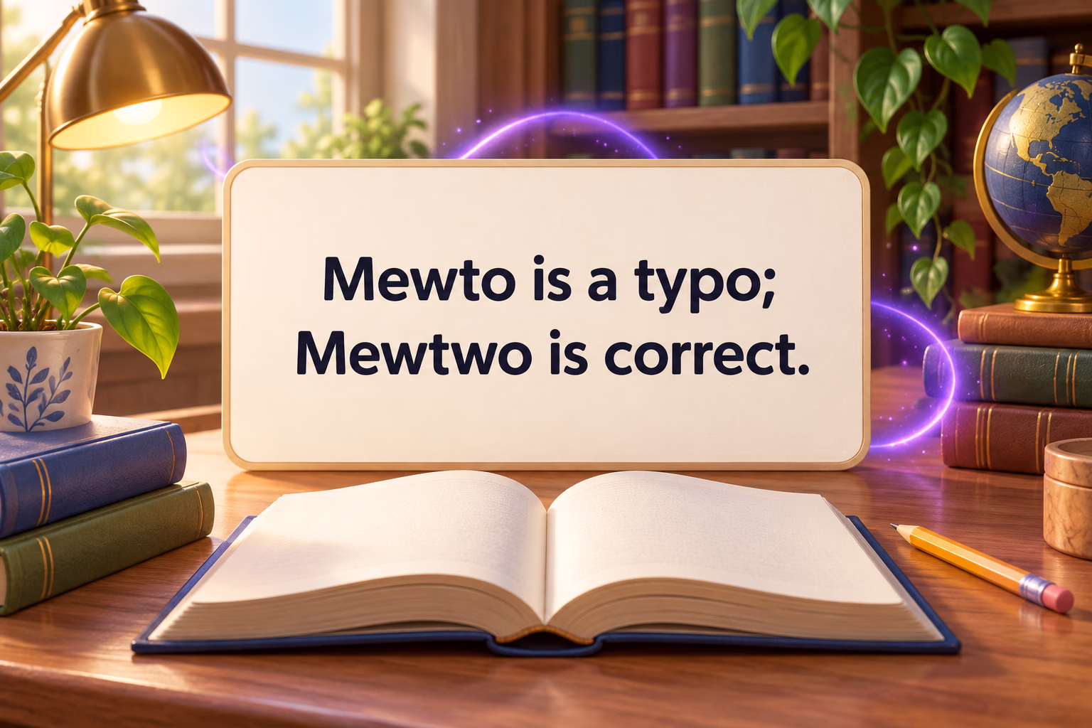 A playful reference desk calls out the corrected Pokémon spelling Mewtwo.