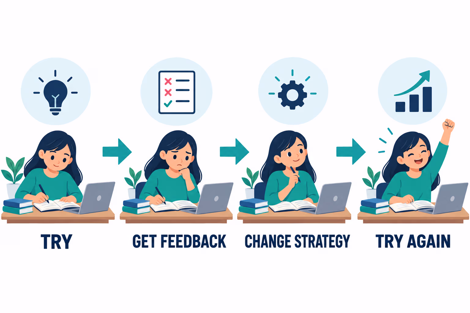 A learning cycle showing attempt, feedback, strategy change, and another attempt.