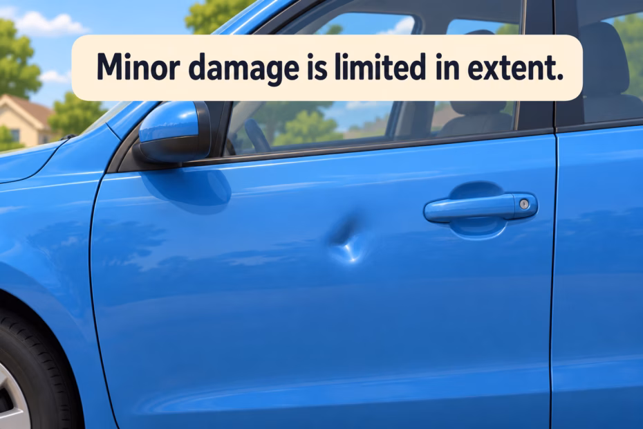 Blue car door with one small dent; teaching label says minor damage is limited in extent.