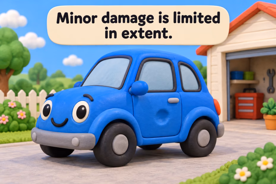 Clay-style cartoon blue toy car with one small side-door dent; label says minor damage is limited in extent.