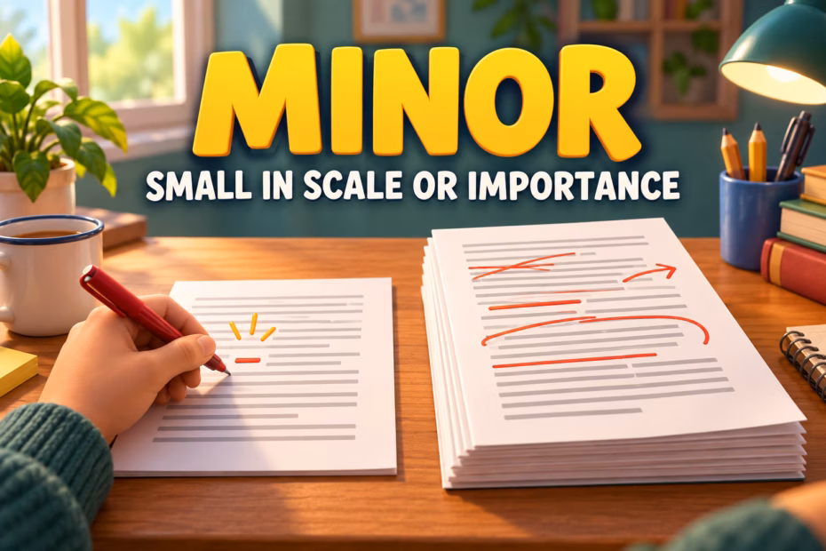 A writer marks a small correction beside a larger draft under the label minor, meaning small in scale or importance.