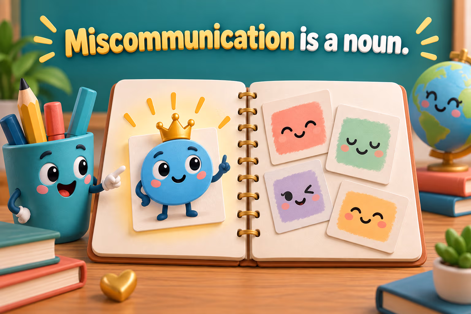 Miscommunication is a noun. A cartoon notebook illustrates the word-class distinction.
