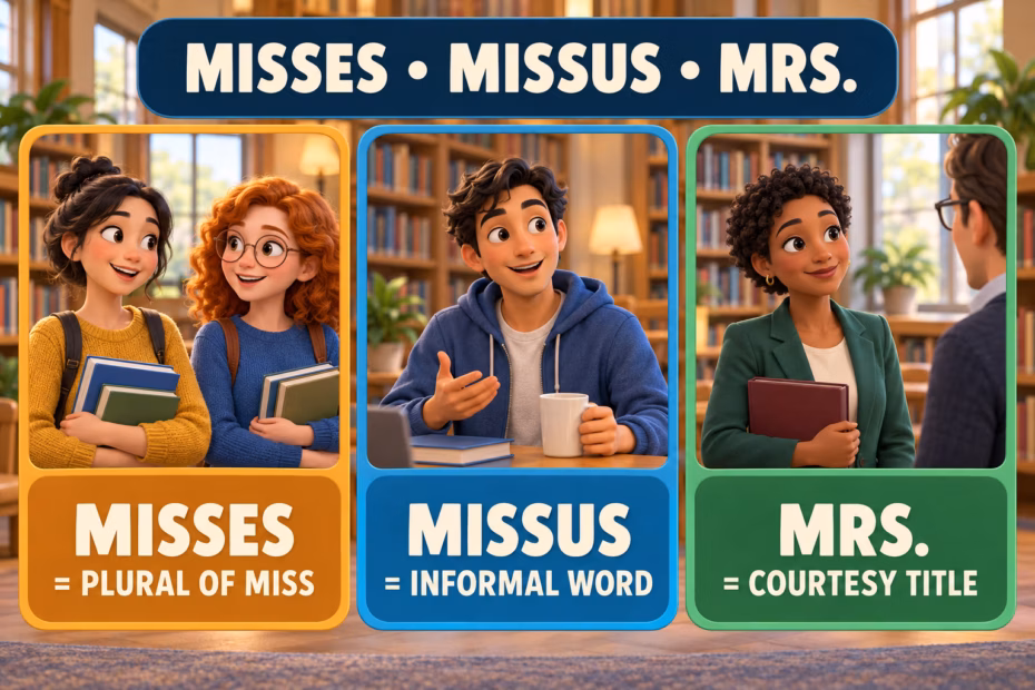 Comparison showing Misses as plural of Miss, missus as an informal word, and Mrs. as a courtesy title