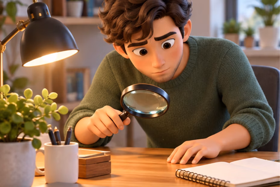 Looking closely for a missing key on a desk