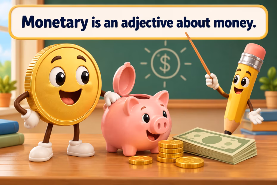 Playful cartoon coin, piggy bank and pencil. Monetary is an adjective about money.
