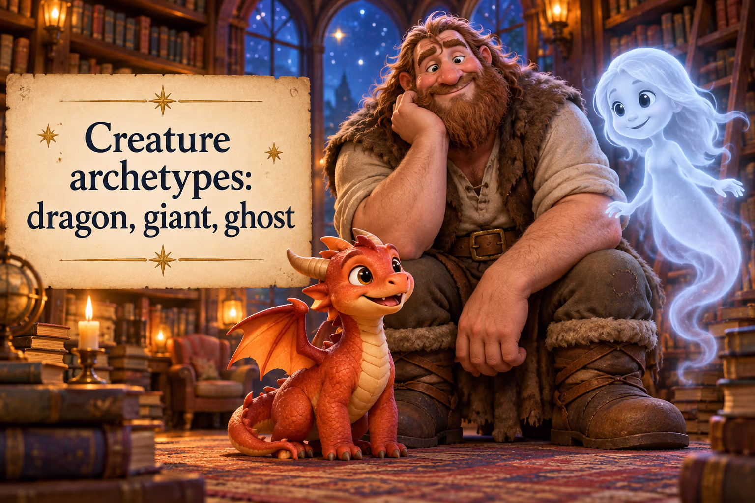 A dragon, a giant, and a floating ghost appear beside the label “Creature archetypes.” These words name creature types here.