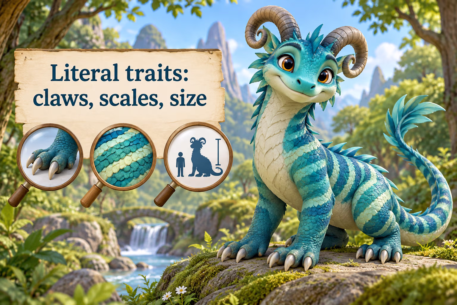 A friendly scaled creature with magnified claws, scales, and a size comparison illustrates literal traits.