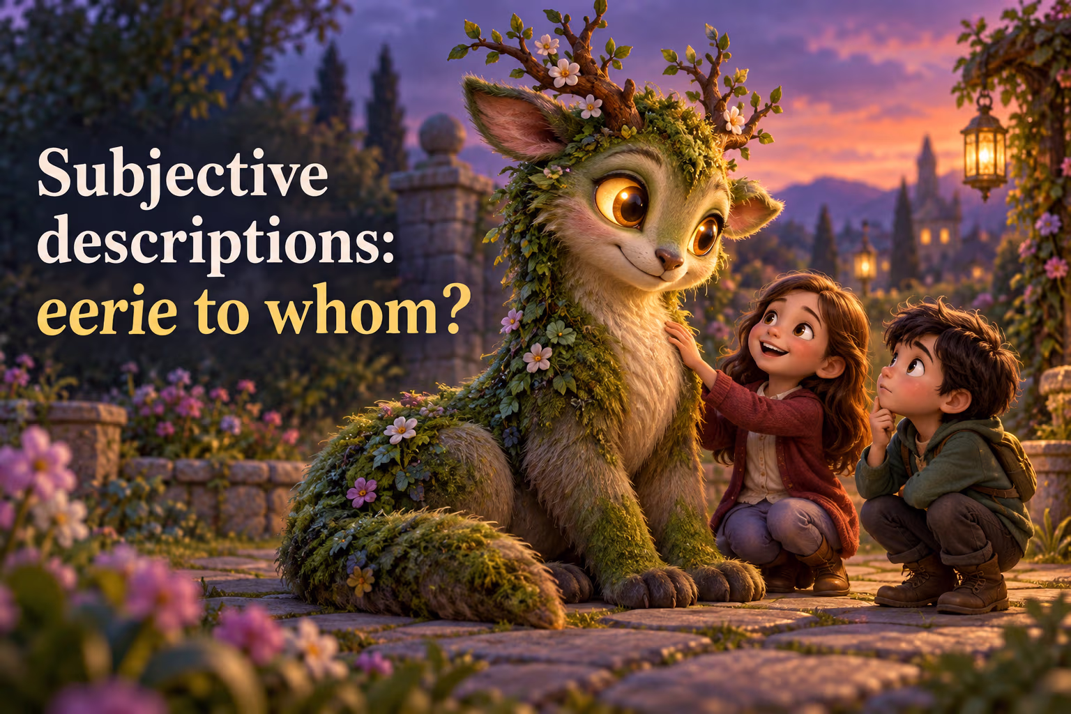 Two visitors react differently to the same gentle fantasy creature, illustrating the question: Eerie to whom?