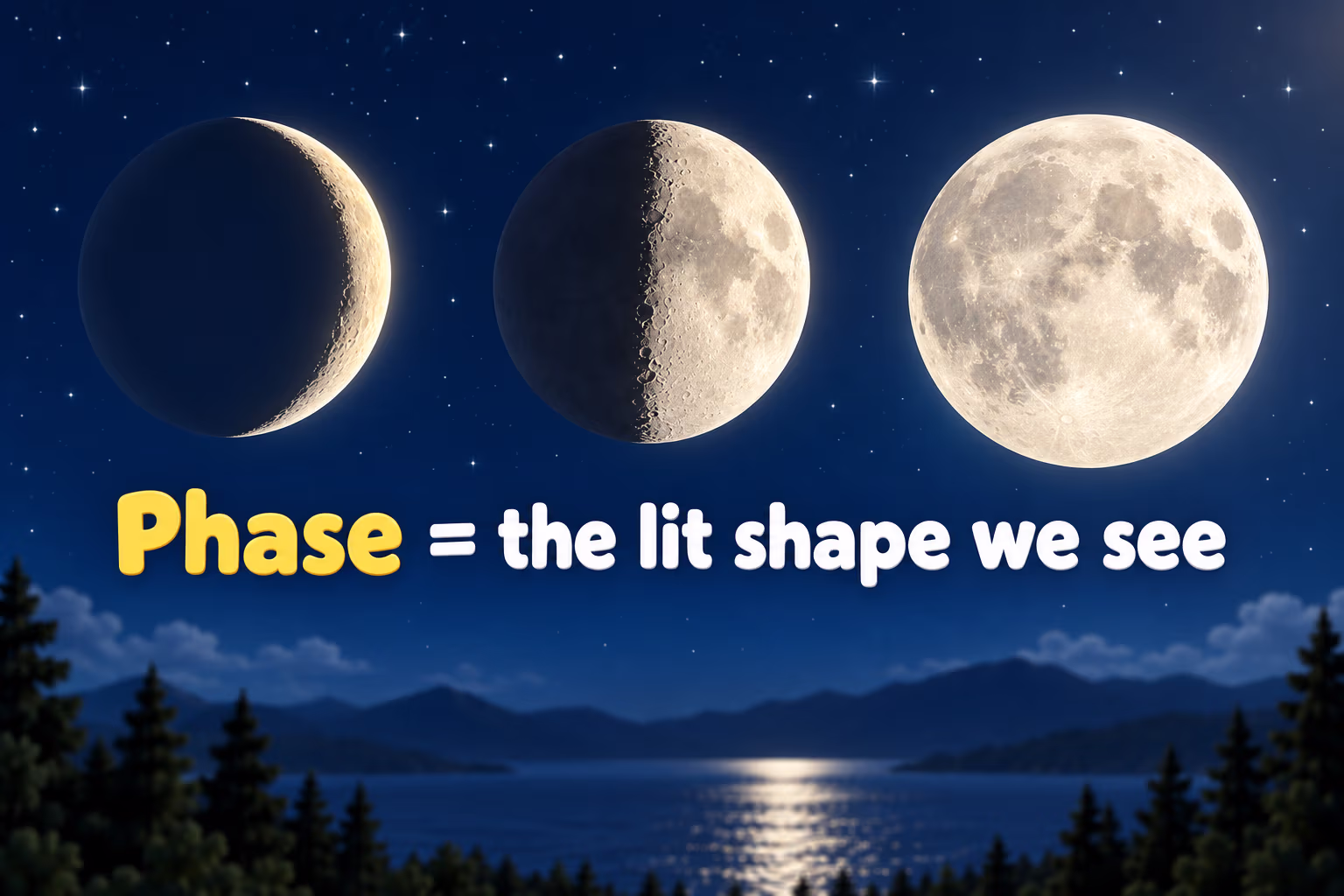Crescent, quarter, and full Moon disks illustrate that a phase is the lit shape visible from Earth.