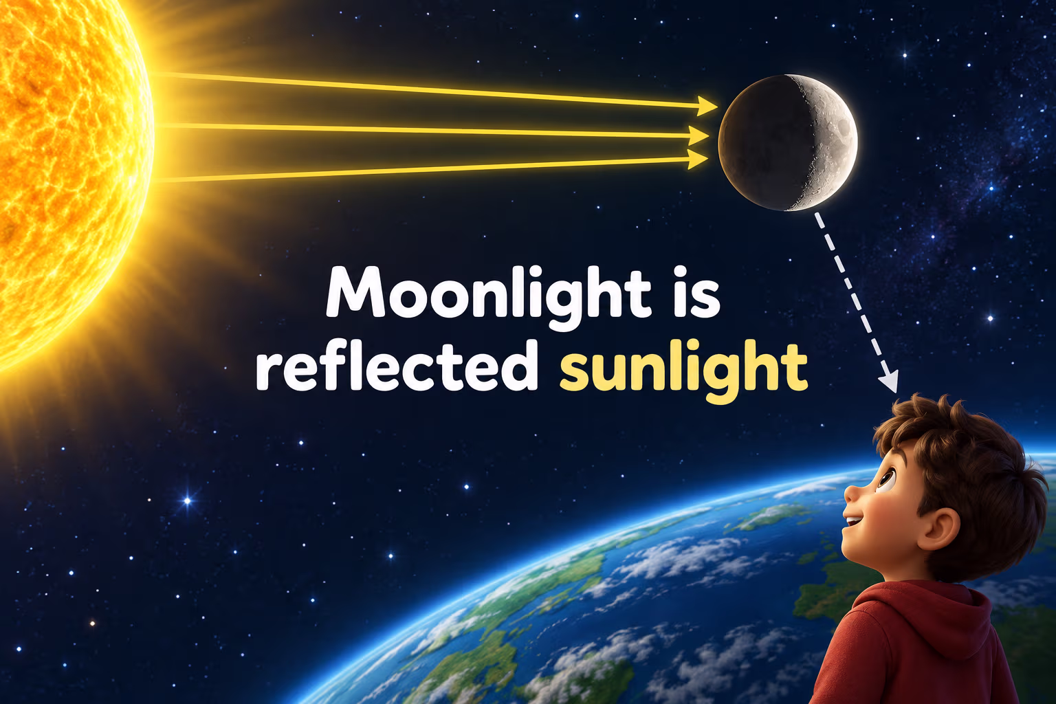 A Sun sends rays toward a crescent Moon while a viewer on Earth looks up; the label states that moonlight is reflected sunlight.