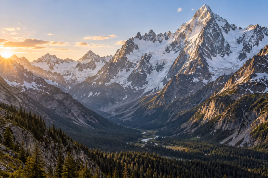Snow-capped mountain peaks rise above a forested valley at sunrise.