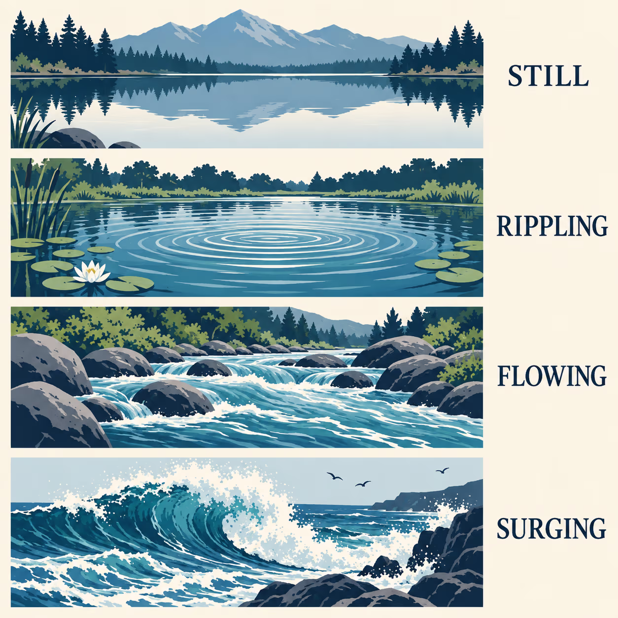 Four water scenes labeled still, rippling, flowing, and surging to show increasing movement