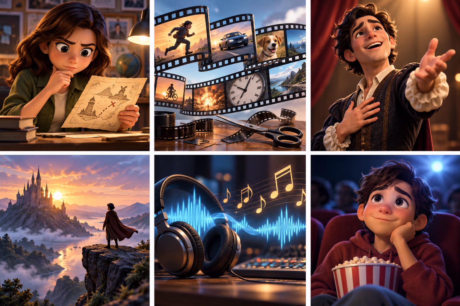 Six-panel illustration shows story clues, editing pace, acting, cinematography, sound, and a viewer’s emotional response.