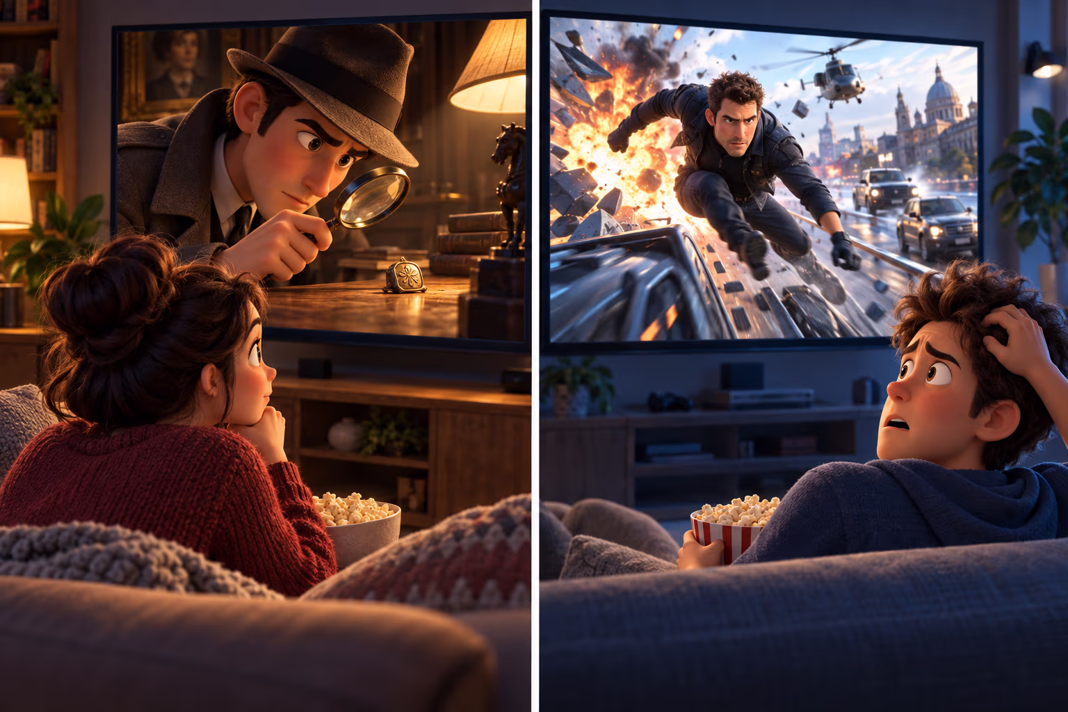 Two movie scenes contrast an absorbing slow-burn mystery with a fast action sequence that leaves a viewer puzzled.