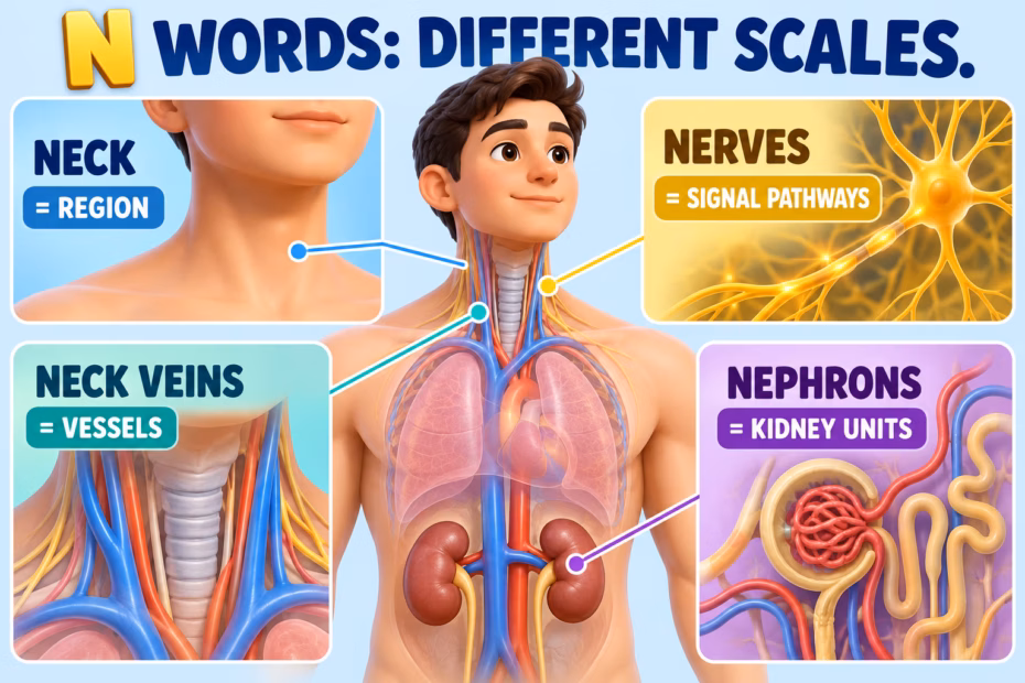 An anatomy infographic distinguishes the neck as a region, nerves as signal pathways, neck veins as vessels, and nephrons as kidney units.