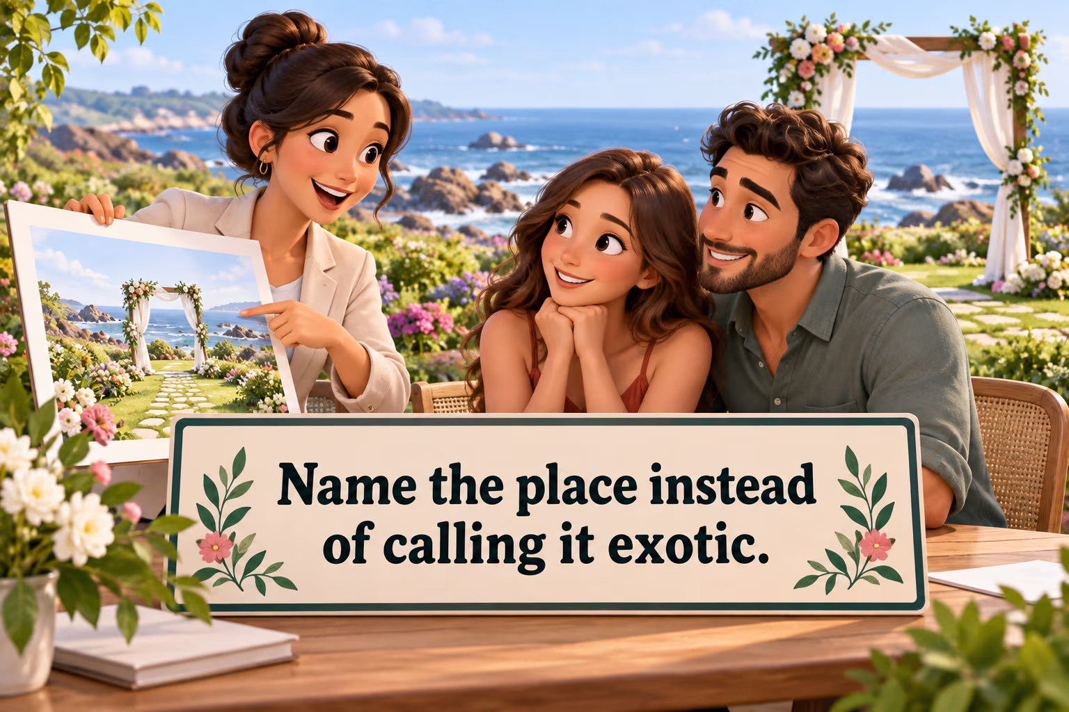 Name the place instead of calling it exotic. A couple and planner point to a coastal garden ceremony setting.