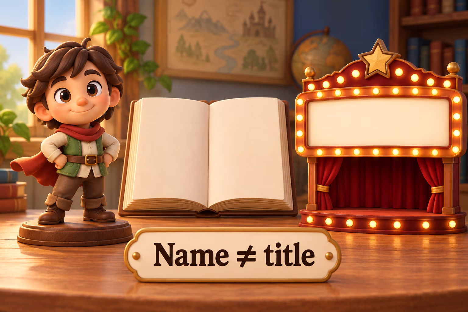 A blank book cover and separate theater marquee illustrate that a character name differs from a title.