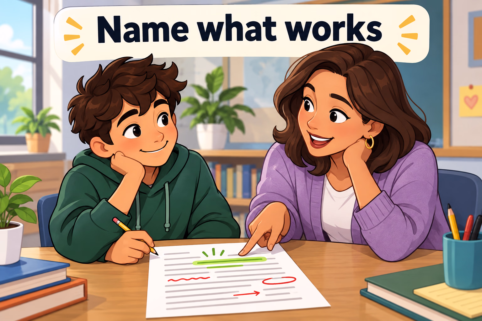 A supportive teacher points to a strong part of a student’s draft while the student reviews the comments.