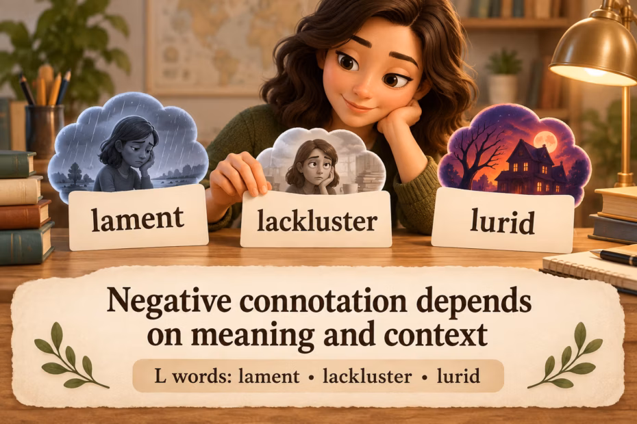 Vocabulary cards for lament, lackluster, and lurid beneath the teaching point that negative connotation depends on meaning and context.