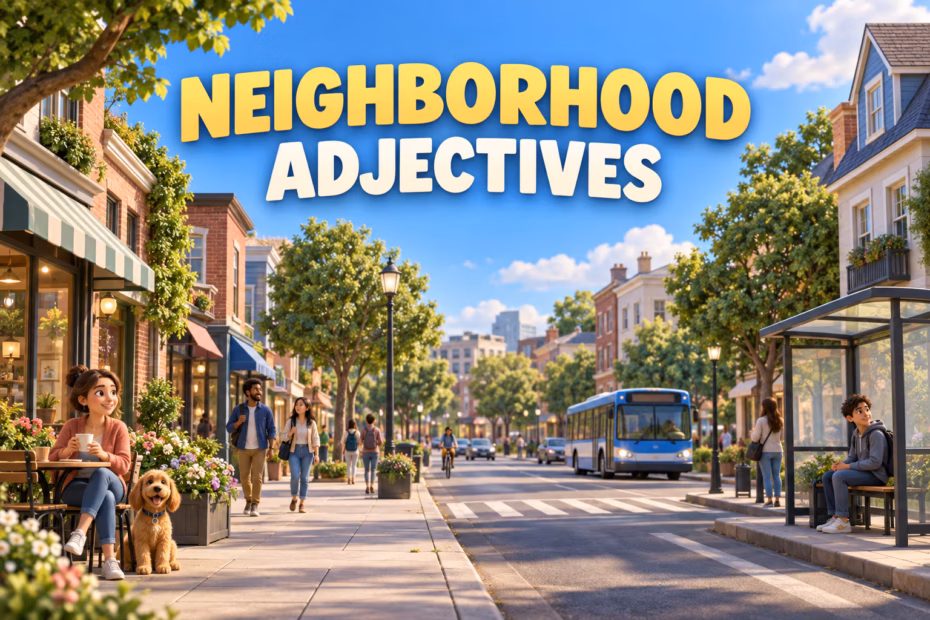 Illustrated mixed-use neighborhood street with homes, shops, trees, sidewalks, and a bus stop