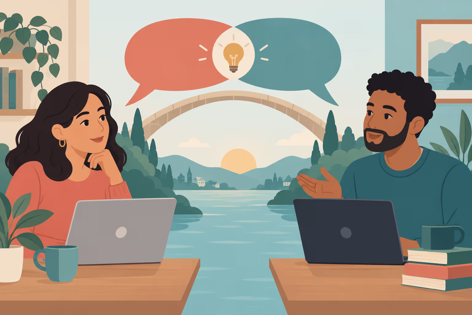 Two people discuss different views online while focusing on ideas rather than personal attacks.