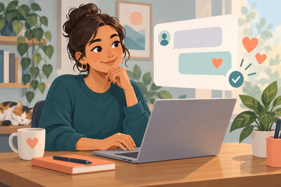 A person thoughtfully reviews a respectful online message before sending it.
