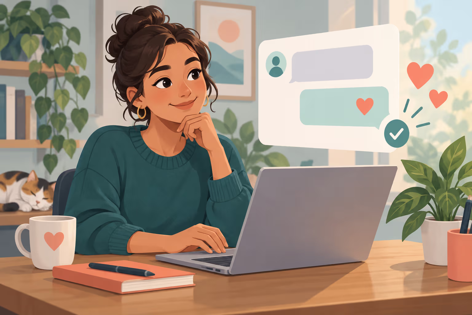 A person pauses to review a friendly online message before sending it.