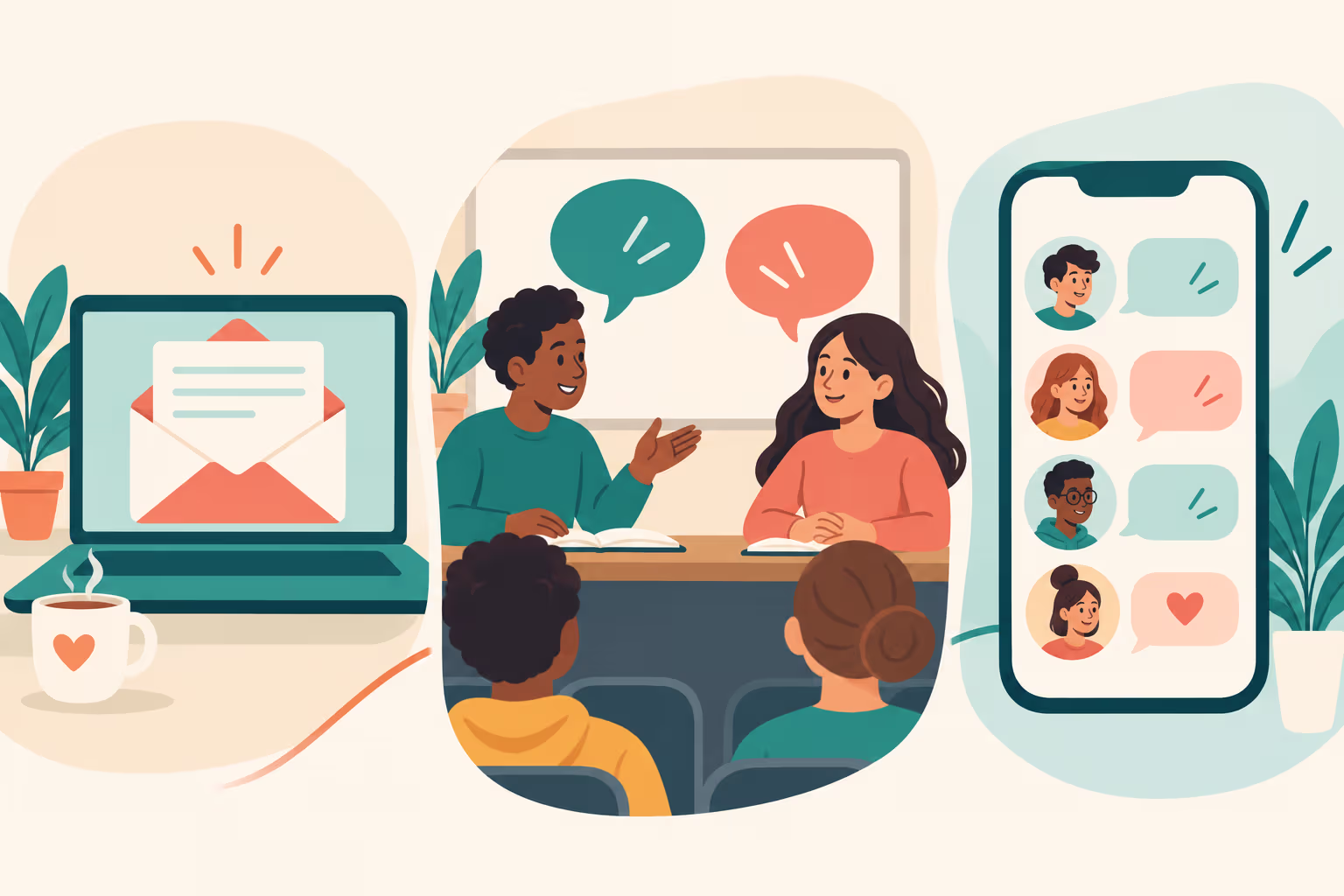 Email, an online class discussion, and a group chat each call for context-aware communication.