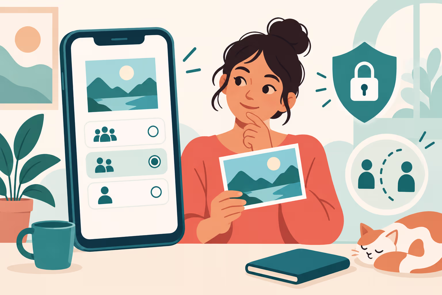 A person checks the audience and privacy settings before sharing from a smartphone.