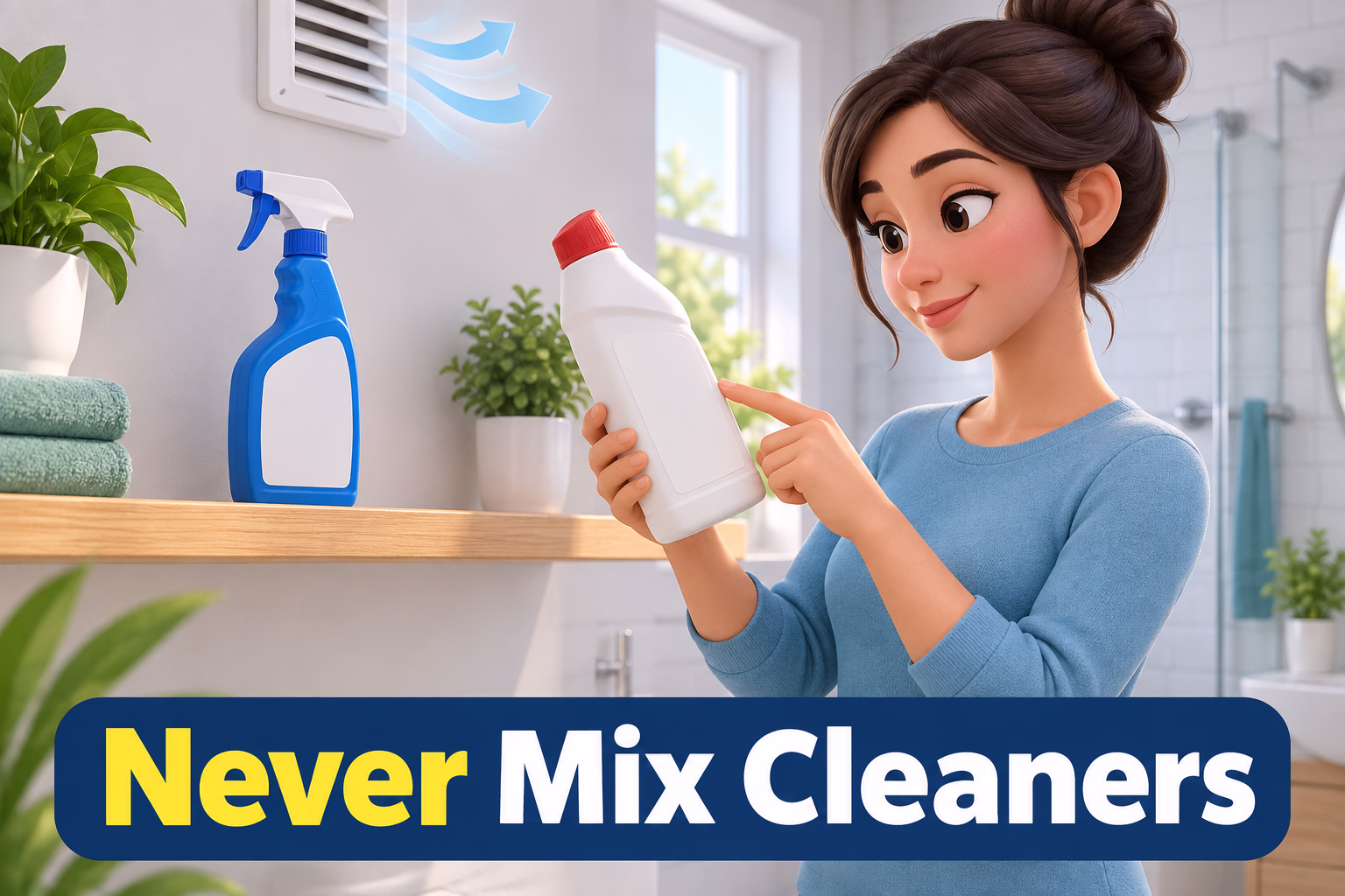 A caregiver reads a cleaner label while two separate, unmarked cleaning bottles remain apart, illustrating that cleaners should not be mixed.