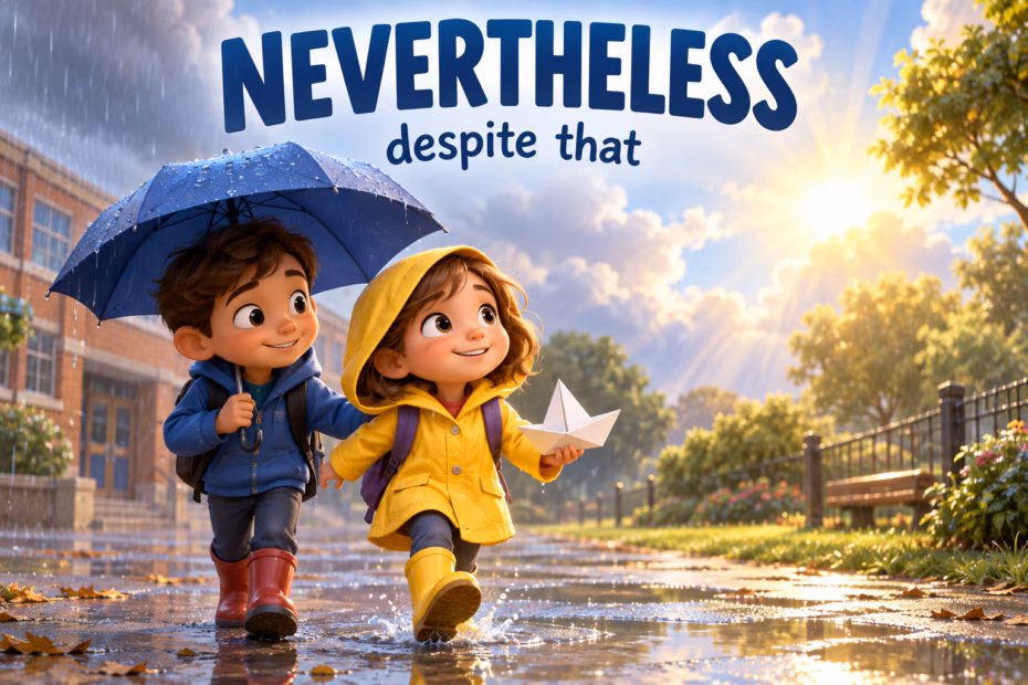 A cartoon scene of two children moving forward under the words nevertheless, despite that.