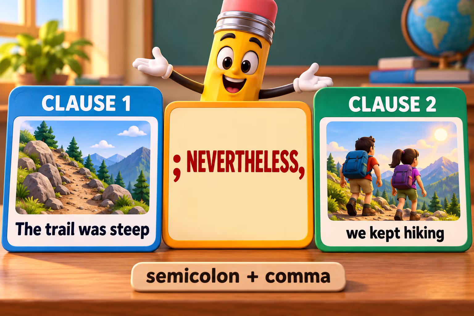 A smiling cartoon pencil explains the clause pattern: clause 1; nevertheless, clause 2.