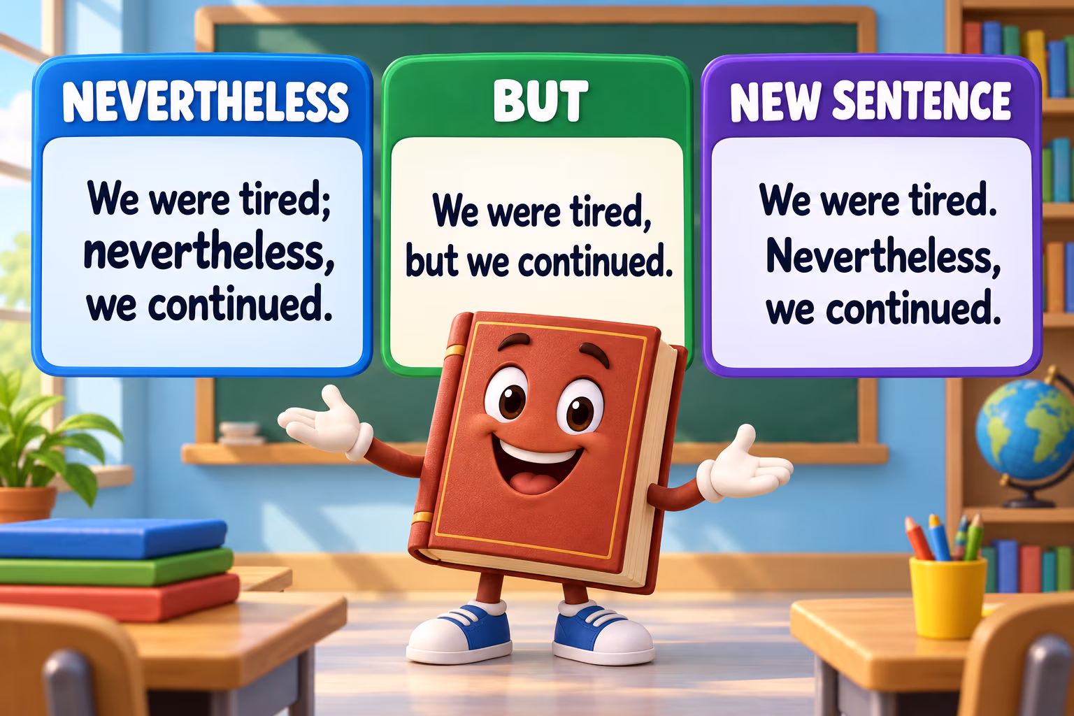 Three cartoon sentence cards compare nevertheless with a semicolon, but with a comma, and a new sentence.