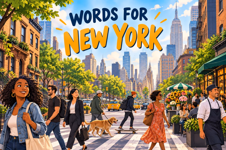 Illustrated New York City street scene beneath the words “Words for New York.”