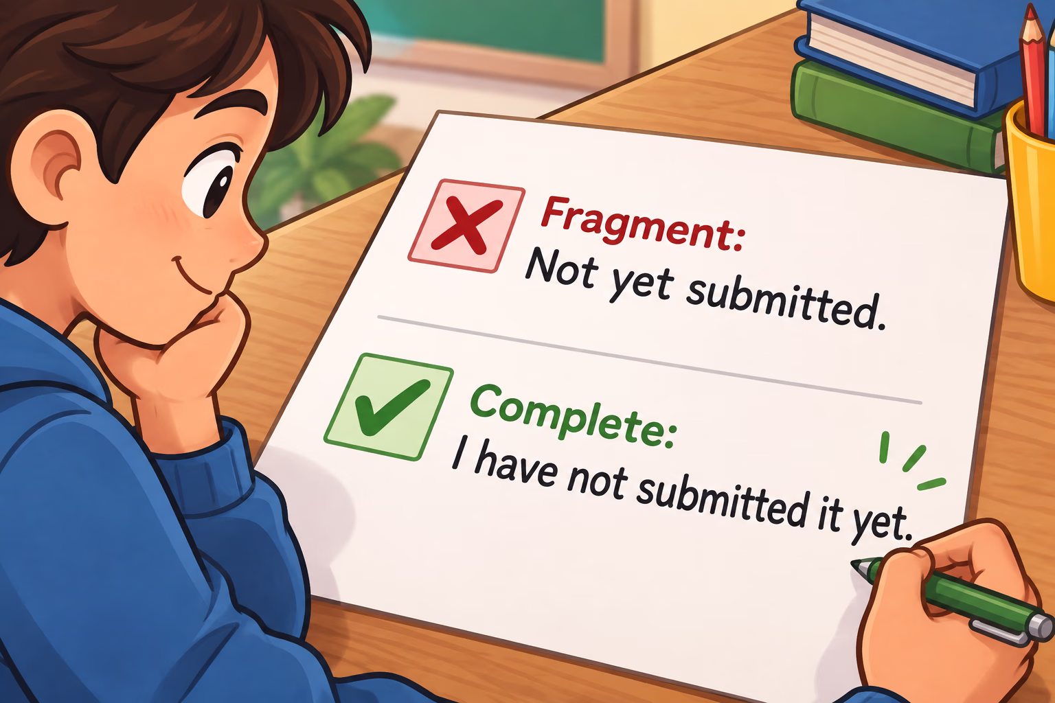 A cartoon checklist contrasts the fragment Not yet submitted with the complete sentence I have not submitted it yet.