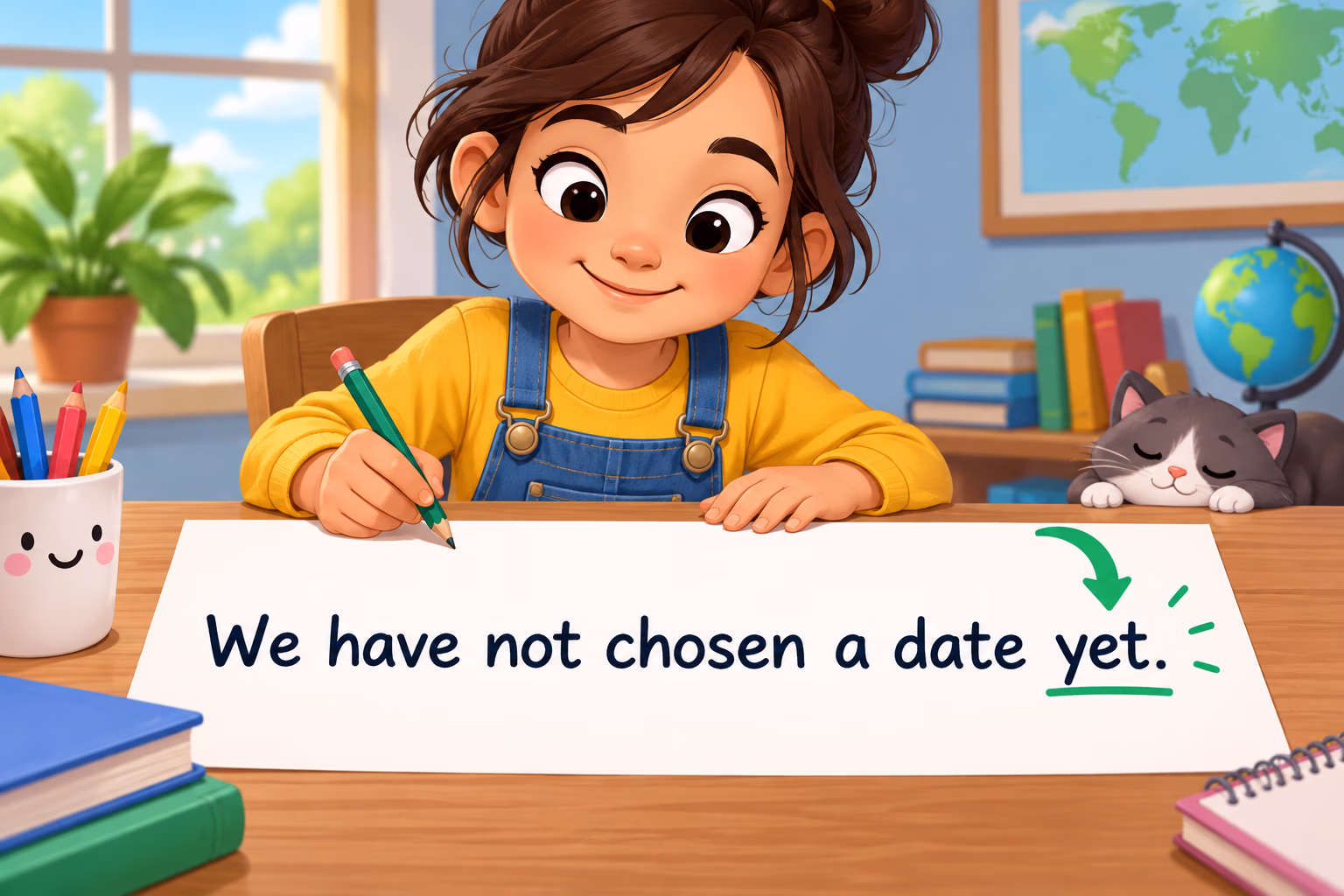A sentence pattern shows subject plus have not and a past participle, followed by yet at the end: We have not chosen a date yet.