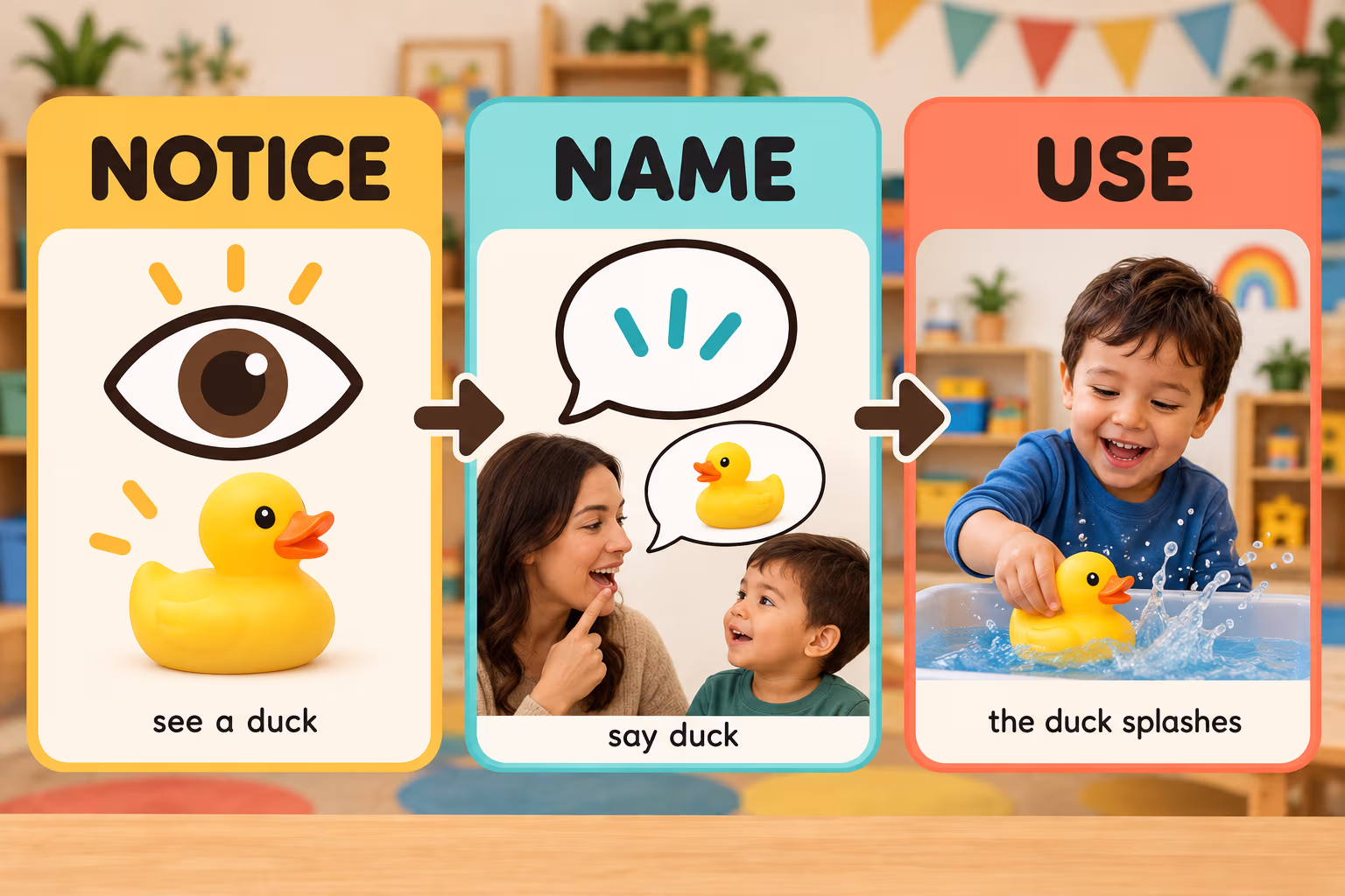 Three steps for teaching a word: notice a duck, name it, and use the word in a sentence