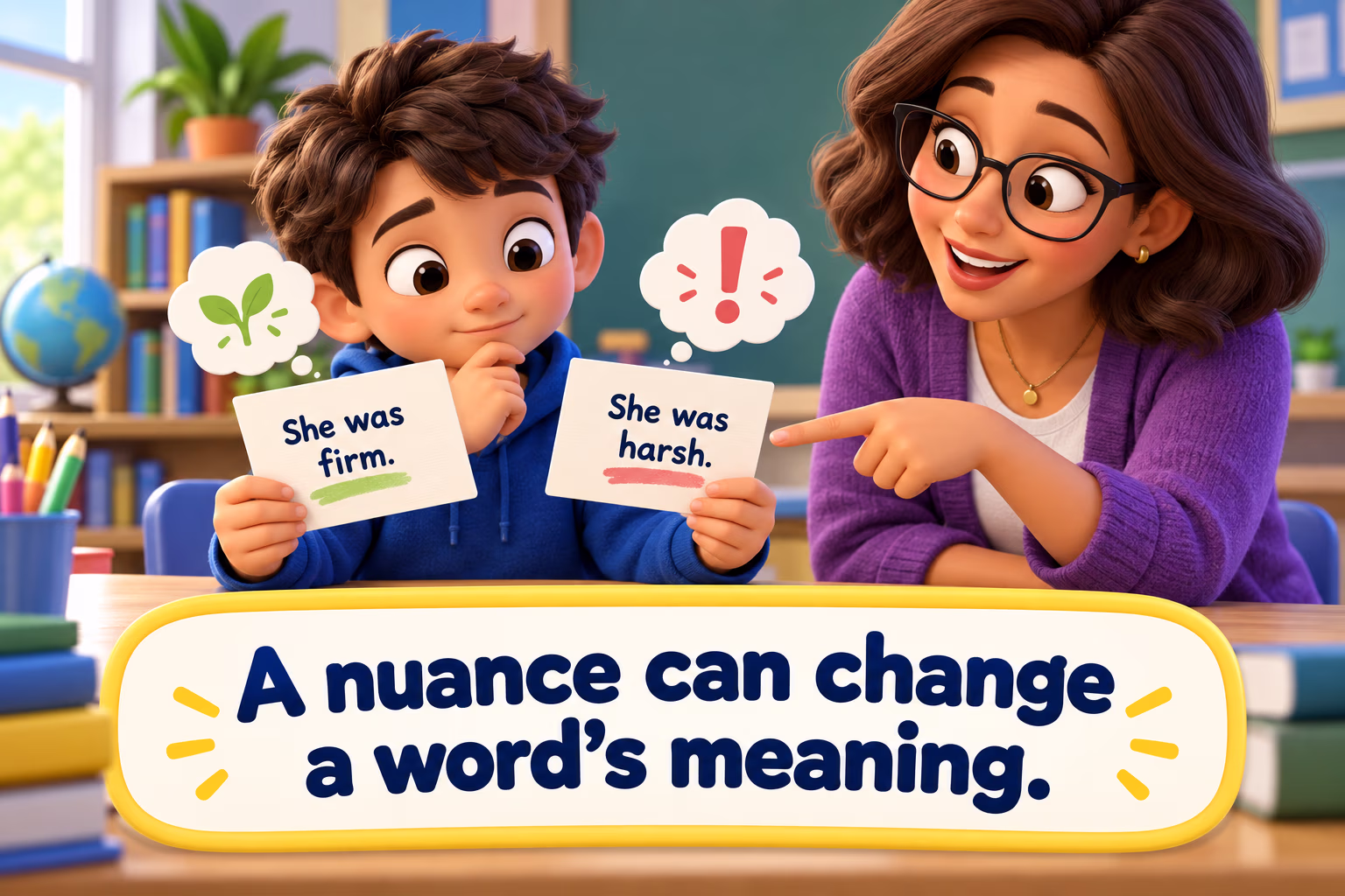 Two sentence cards show how a small wording choice can change meaning. A nuance can change a word’s meaning.