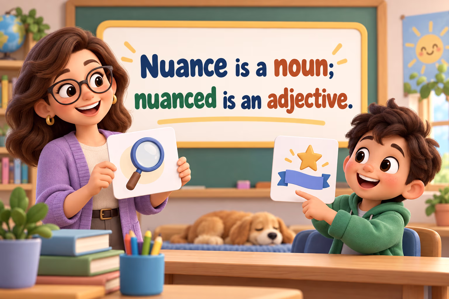 A classroom grammar illustration contrasts the noun nuance with the adjective nuanced. Nuance is a noun; nuanced is an adjective.