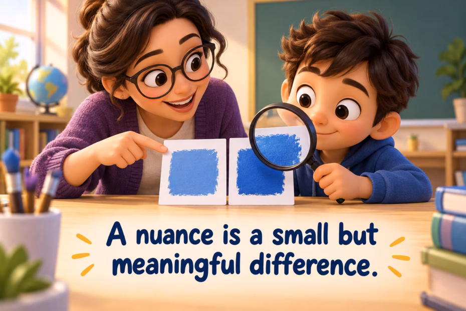 A teacher and student compare two close blue shades. “A nuance is a small but meaningful difference.”