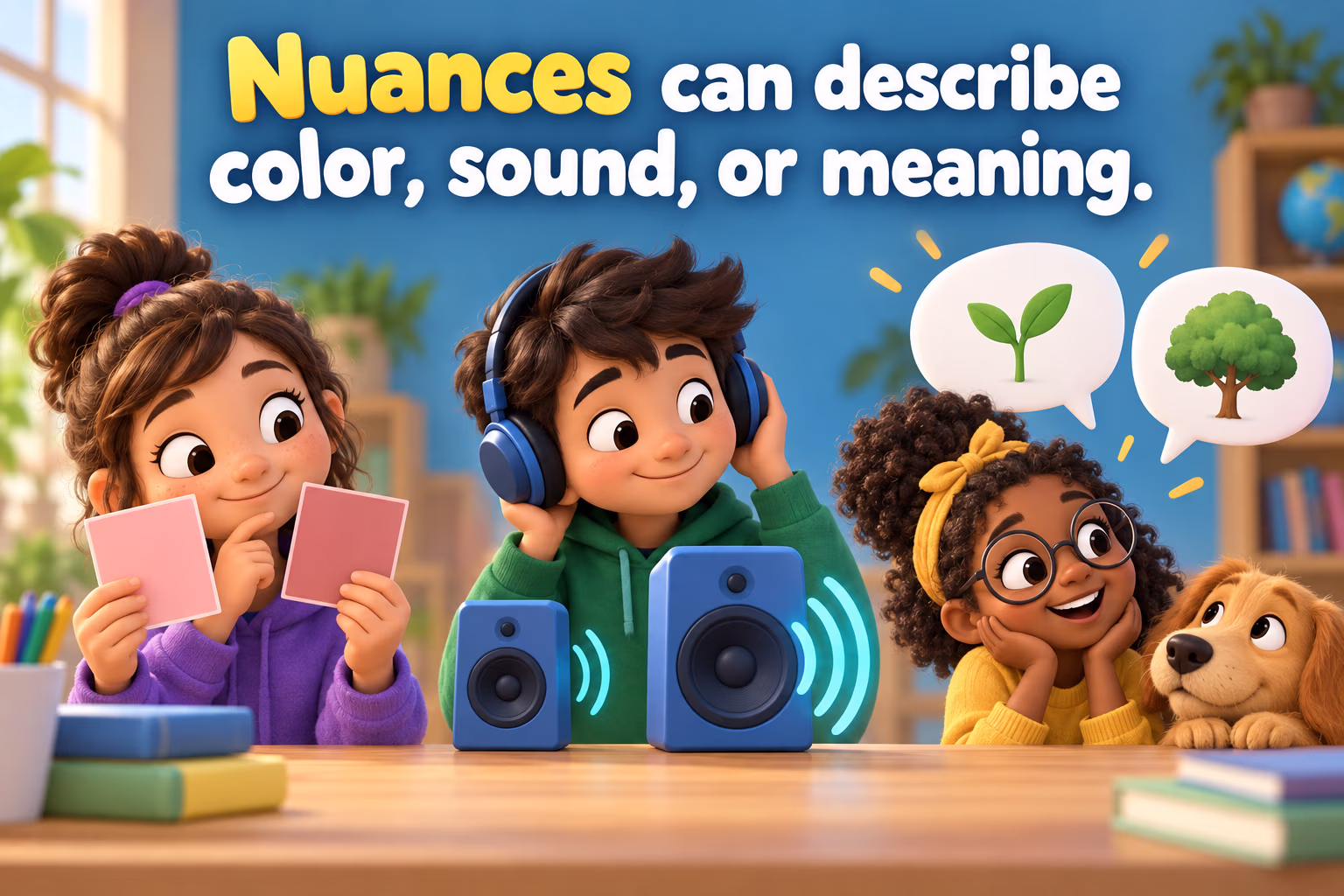 Illustrations compare shades of color, musical sound, and word meaning. Nuances can describe color, sound, or meaning.